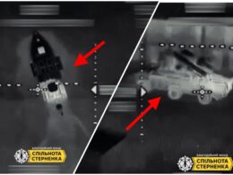 two russian sam systems struck ukrainian kamikaze drones launched uncrewed boat (video) naval uav carrier surface vehicle (l); osa-akm air defense system (r) moments before impact 2025 telegram/sternenko militarnyi unmanned