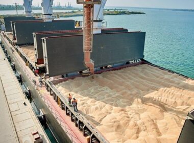 Ukrainian grain being loaded on a ship