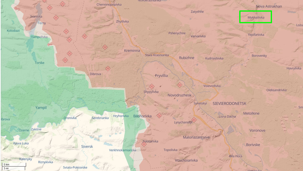 Mykhailivka on the Seep State map. The Russian-occupied territory is marked in red.