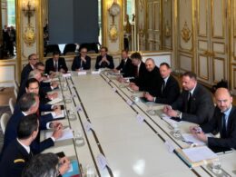 A meeting of delegations from Ukraine and the United States and representatives of countries participating in the Coalition of the Willing in Paris on 17 April.