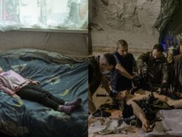 Beyond the Trenches by Florian Bachmaier (left) A photo of a Ukrainian child suffering from panic attacks due to Russian shelling in Kharkiv Oblast Underground Field Hospital by Nanna Heitmann (right). A photo of a wounded Russian-backed militant from occupied Donetsk.