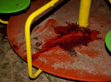Blood on a children's playground after the Russian missile strike on Kryvyi Rih on 4 April 2025.