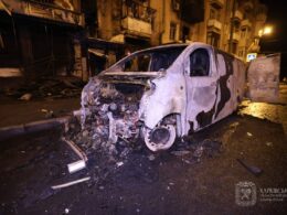 Aftermath of the Russian drone strike on Ukraine's second largest city of Kharkiv on 2 May.