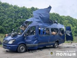 russian drone blows up civilian shuttle bus leaving nine dead sumy border town mini-bus bilopillia-sumy struck morning 17 2025 killing 9 passengers 498016779_1056136843323012_6351334390770892022_n civilians were killed seven injured early hours