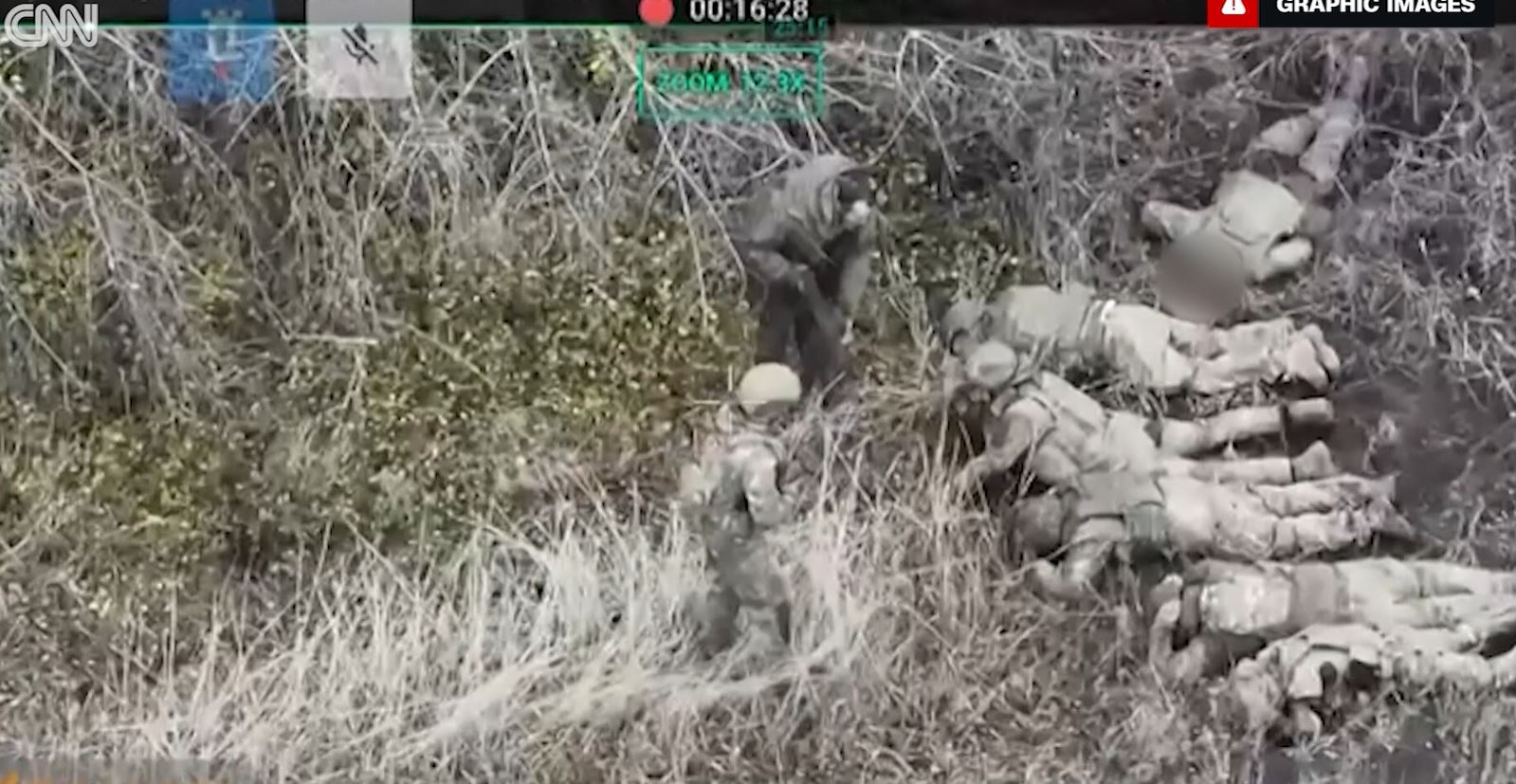 Screenshot from drone footage showing execution of Ukrainian POWs by Russian forces, shared by CNN alongside intercepted Russian radio communication. November 2024, Zaporizhzhia Oblast. executions