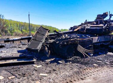 A destroyed Russian T-90 tank in 2022. Ukrainian defense ministry photo