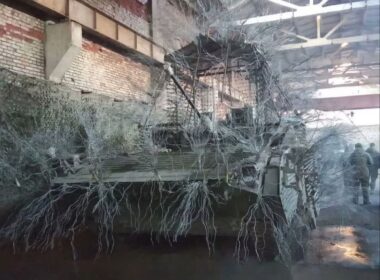 Russian troops equipped one BMP fighting vehicle with long metal bristles.