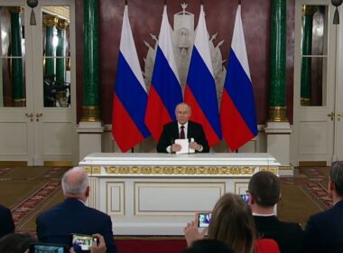 Vladimir Putin after reading a statement to journalists in the Kremlin overnight into 11 May 2025. Screenshot: Youtube/kremlin