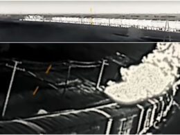 Russian military fuel train seen from Ukrainian drones moments before impact—each image shows a different drone's view just before its respective strike. A large fire erupted following the attacks. Zaporizhzhia Oblast, 24 May 2025. Photos: HUR