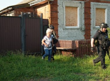 Evacuation of civilians from the village of Pysarivka in Ukraine's Sumy Oblast.