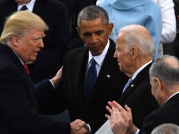 US President Trump greets President Obama and Joe Biden after being sworn in. Photo: Mark Ralston/AFP/Getty Images, via Axios.