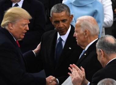 US President Trump greets President Obama and Joe Biden after being sworn in. Photo: Mark Ralston/AFP/Getty Images, via Axios.