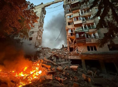 An apartment building destroyed by a Russian ballistic missile strike in Kyiv on 17 June.