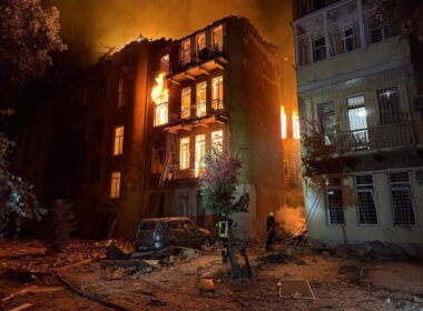 rescuers among injured russia again targets civilians odesa kharkiv apartment building fire after russian drone strike 20 2025 telegram/hennadii trukhanov 59920d07-2adb-44a2-84a8-0cb7302ef8e5 collapsing structure wounded three firefighters during intense operations save