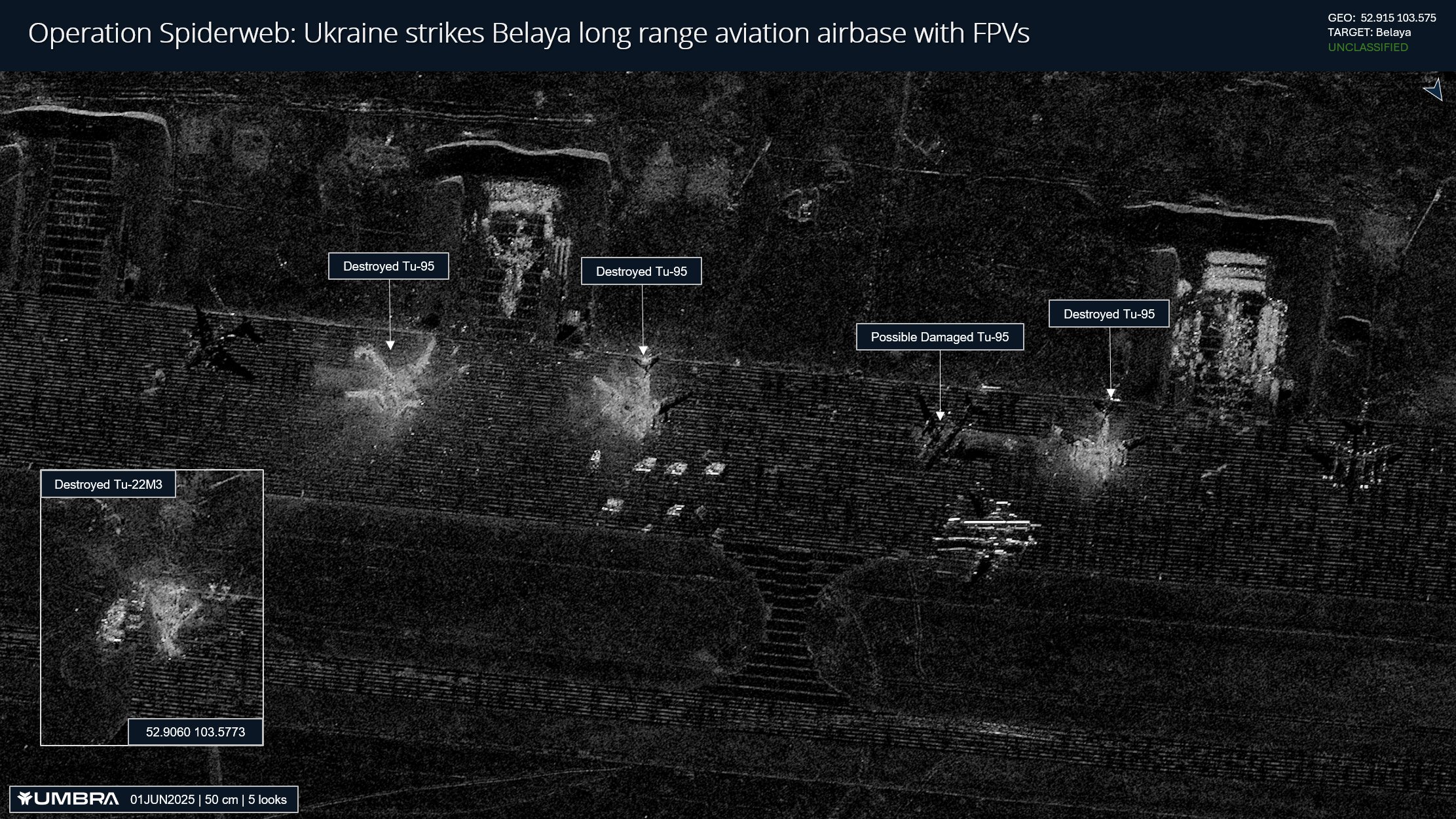 Newly released imagery from American aerospace company Umbra Space shows destroyed Tu-22M3 and Tu-95 strategic aircraft at Russia's Belaya airfield in Irkutsk Oblast after the Ukrainian Spiderweb drone operation.