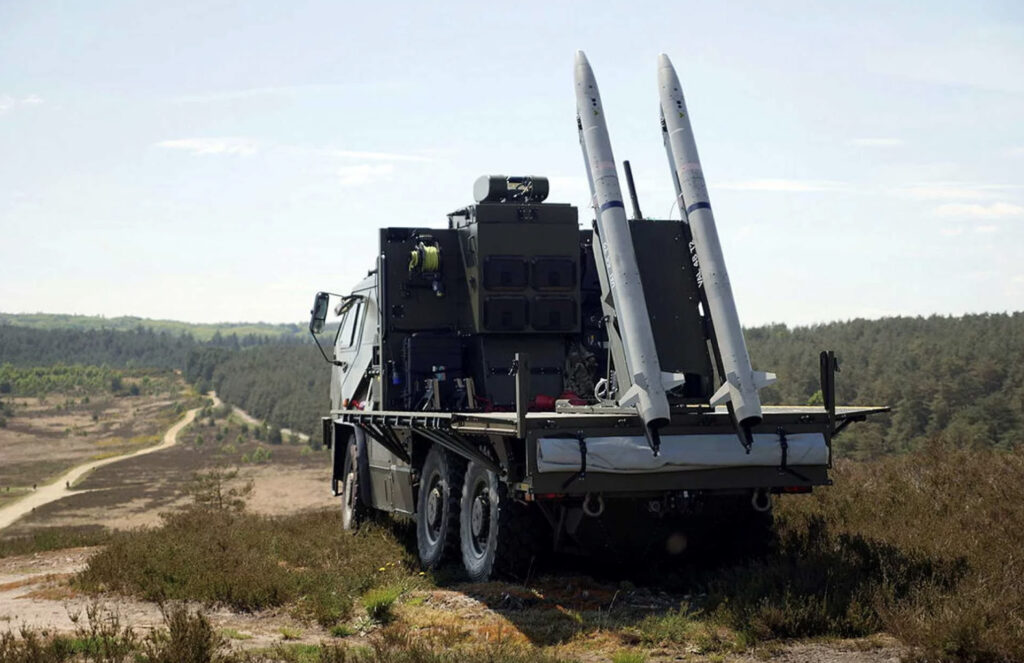 British-made Raven air defense system equipped with ground-launched ASRAAM missiles ready for deployment.
