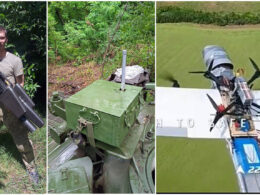 electronic warfare era over frontline ew officer's story ukraine’s drone tug-of-war left right ihor shutyi holding handheld anti-drone rifle 2023 (source facebook); ukrainian t-72 tank fitted equipment container militarnyi); russian