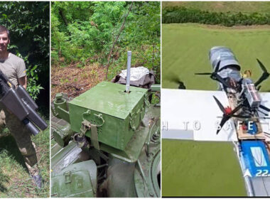 electronic warfare era over frontline ew officer's story ukraine’s drone tug-of-war left right ihor shutyi holding handheld anti-drone rifle 2023 (source facebook); ukrainian t-72 tank fitted equipment container militarnyi); russian