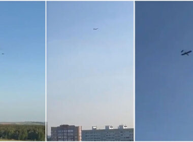 Ukrainian fixed-wing drone - presumably Liutyi - flying over Nizhnekamsk in Russia's Tatarstan on 10 June 2025. Source: Telegram/Exilenova+