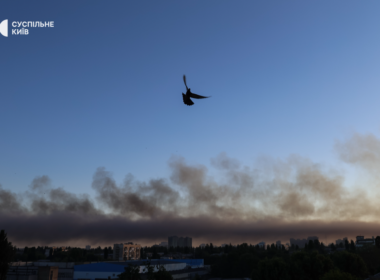 A bird in the smoke-filled sky after Russia’s attack. Kyiv, 4 July 2025. Ivan Antypenko/Suspilne News