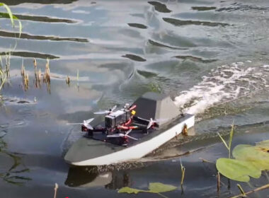 ukraine unveils ursula river drone kamikaze mode — flying onboard ukrainian unmanned riverine surface developed novitechnet carrying uav 2025 youtube/association engineers ukrainian-riverine-surface-drone-ursula-carrying-a-uav its multi-function build meant complex sabotage operations dense