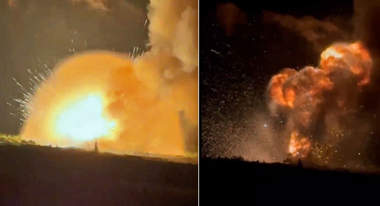 videos show russian ammo stockpile spectacularly destroyed donetsk's khartsyzk occupied since 2014 (video) massive secondary detonation mashroom cloud rising after donetsk oblast late 2 2025 powerful explosions erupted russian-occupied city