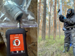 Mobile units collect and analyze samples of Russian-used chemical weapons along the entire frontline. Left: a Russian RG-Vo hand grenade tests positive for toxic agents. Right: Ukrainian specialist in full protective gear examines a recovered sample. Photo: Command of the Support Forces of Ukraine, via Ukrainska Pravda.