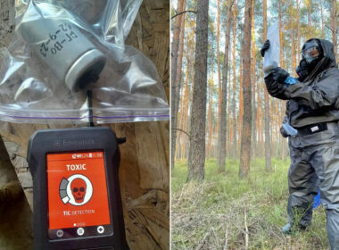 Mobile units collect and analyze samples of Russian-used chemical weapons along the entire frontline. Left: a Russian RG-Vo hand grenade tests positive for toxic agents. Right: Ukrainian specialist in full protective gear examines a recovered sample. Photo: Command of the Support Forces of Ukraine, via Ukrainska Pravda.