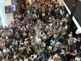 russian airports crippled mysterious airspace threat—171 flights canceled moscow alone stranded passengers crowd sheremetyevo airport during mass flight cancellations 6 2025 amid shutdown (photo media liga) collapse russians russia threat